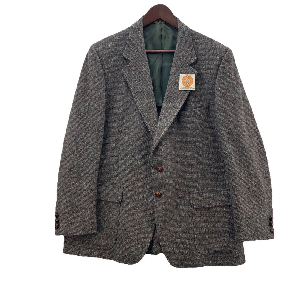 Vintage Kingsridge Tweed Blazer Mens 44R Wool Preppy Academia Leather Button USA - Picture 1 of 12